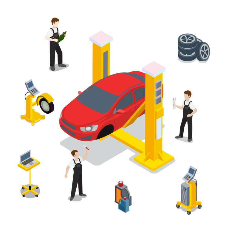 Technical inspection red car service mockup vector template. Isometric checking vehicle web site illustration. Red car wheel tire rubber computer automatic diagnostic infographics on white background